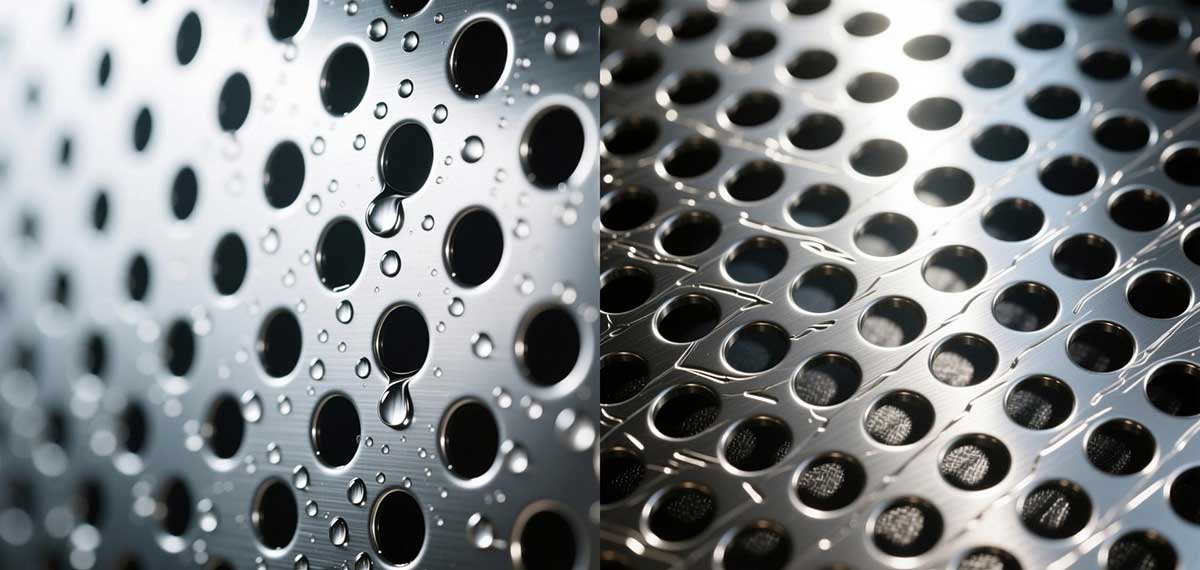 Diagram comparing high and low open area in hammer mill screens, showing how material flows faster through a screen with more holes, increasing efficiency.